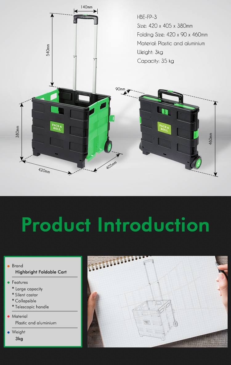 35kgs Rolling Foldable Plastic Pack & Roll Shopping Trolley Cart