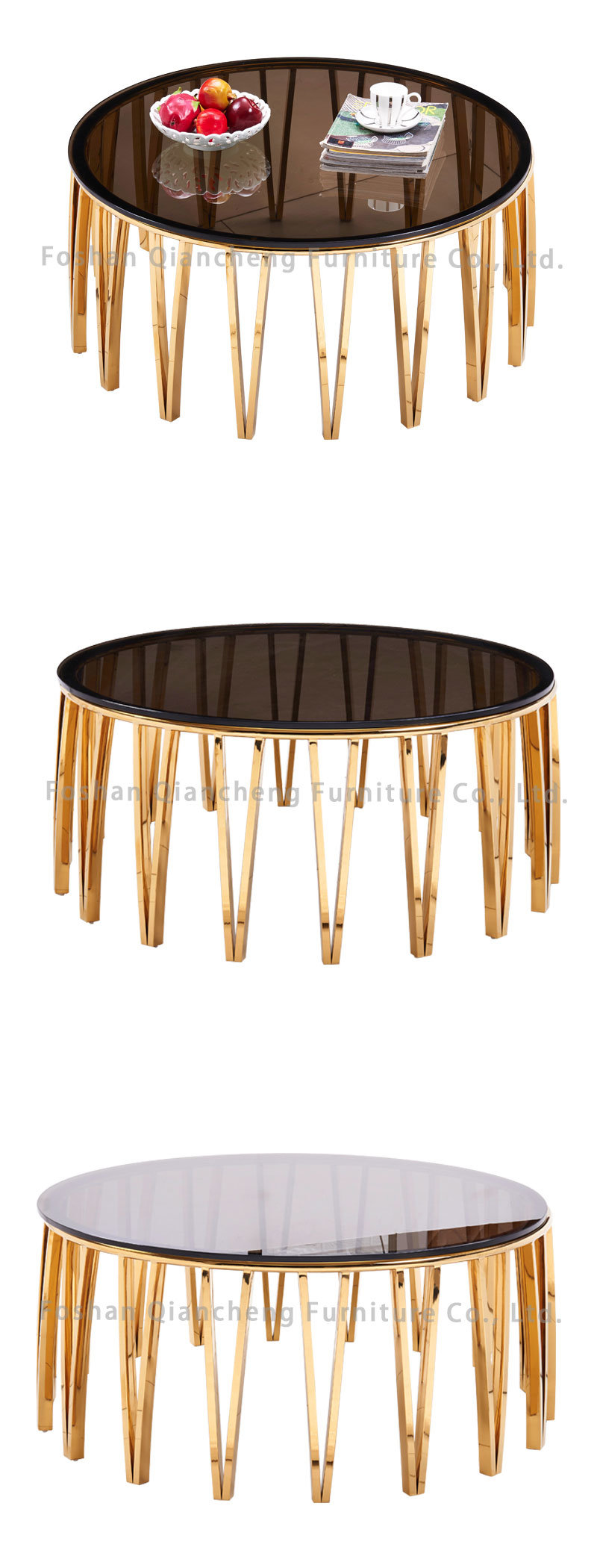 Newest Modern Black Tempered Glass Round Coffee Table with Mirror Golden