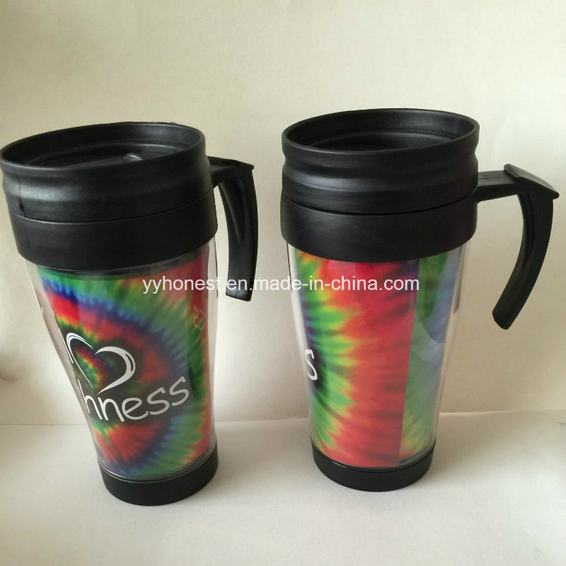 Promotional Paper Insert Plastic coffee Travel Car Mug with Handle