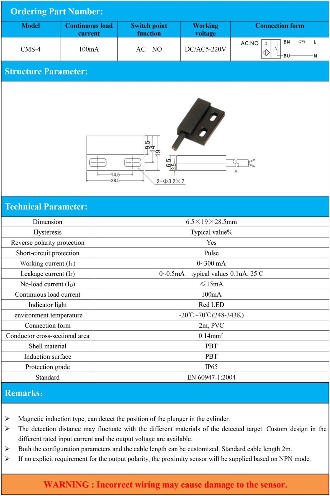 Magnetic Hall Sensor Reed Switch AC No DC/AC 5-220V