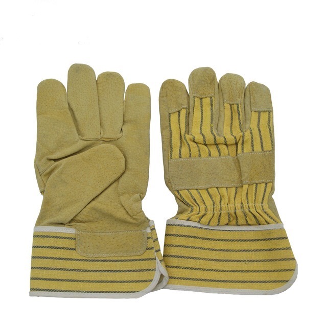 Pig Split Leather Working Gloves with Stripe Cotton Back