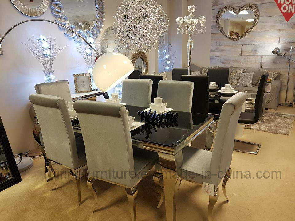 Modern Glass Dining Table with and 8 Velvet Chairs Silver