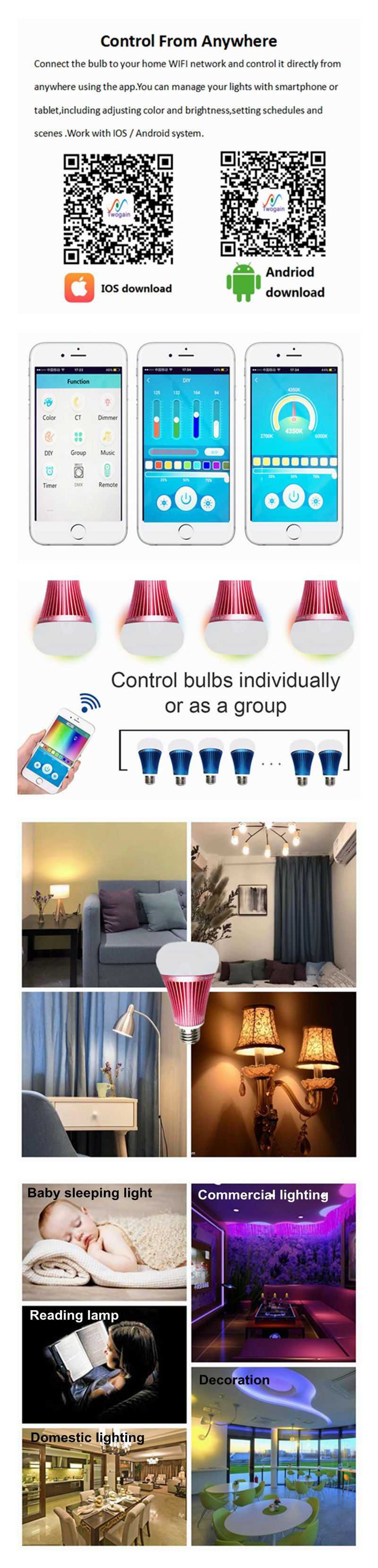 RGB Control Ios/Android APP System 8W E27 Smart Domestic LED WiFi Bulb Light