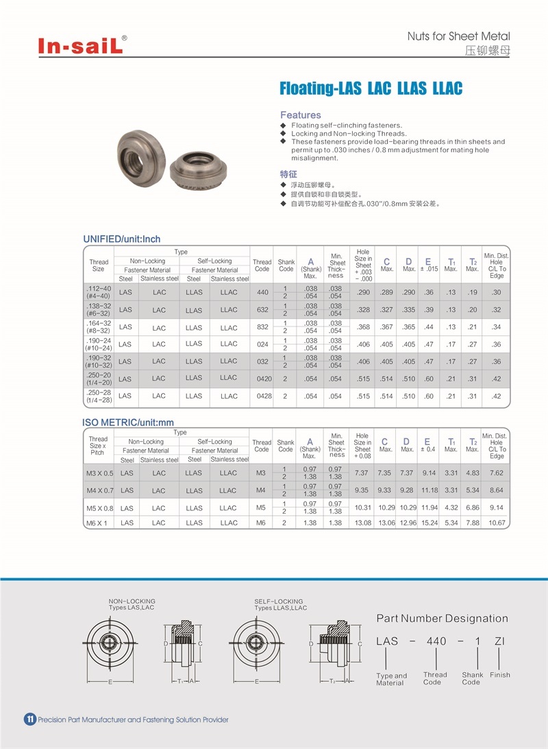 Extra Strength Floating Nut with Self-Clinching Locking and Non-Locking Threads