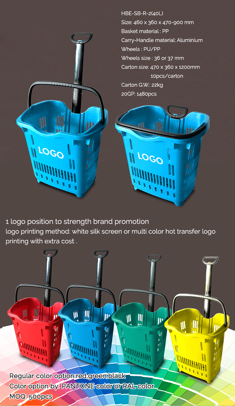 Single Handle Plastic Shopping Basket Rolling Basket Cart