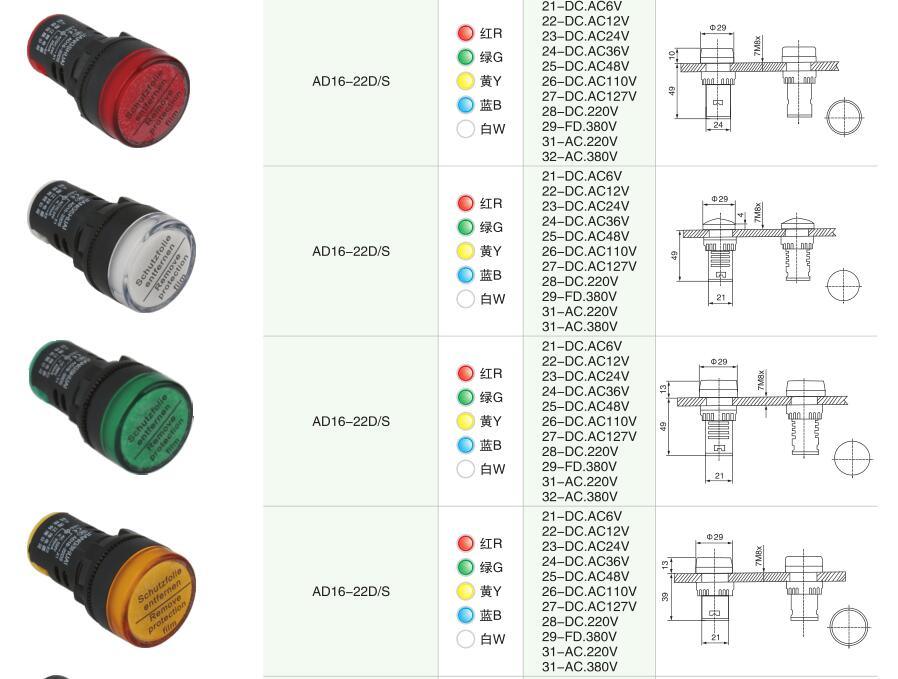 Ad16 Ad22 Green Red Yellow Blue White 110V DC Pilot Lamps