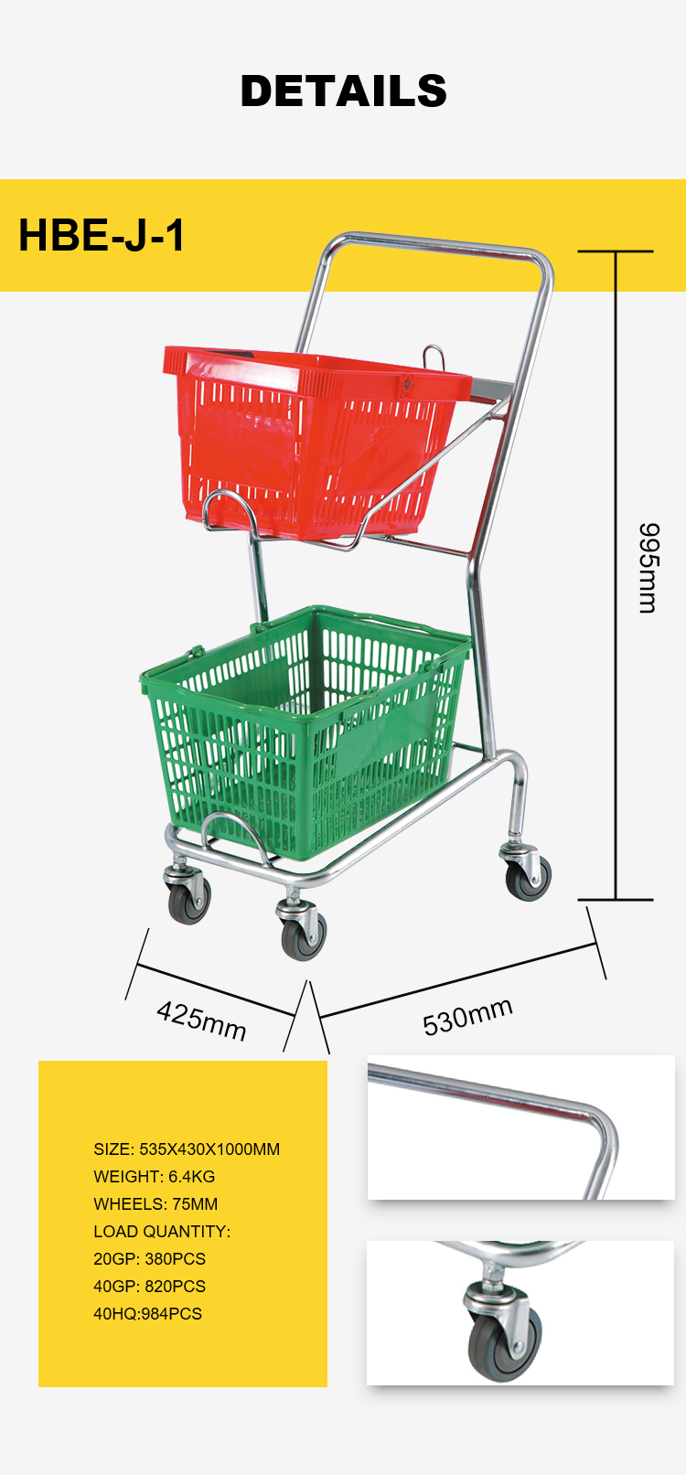 Supermarket Folding Metal Shopping Trolley with 2 Baskets