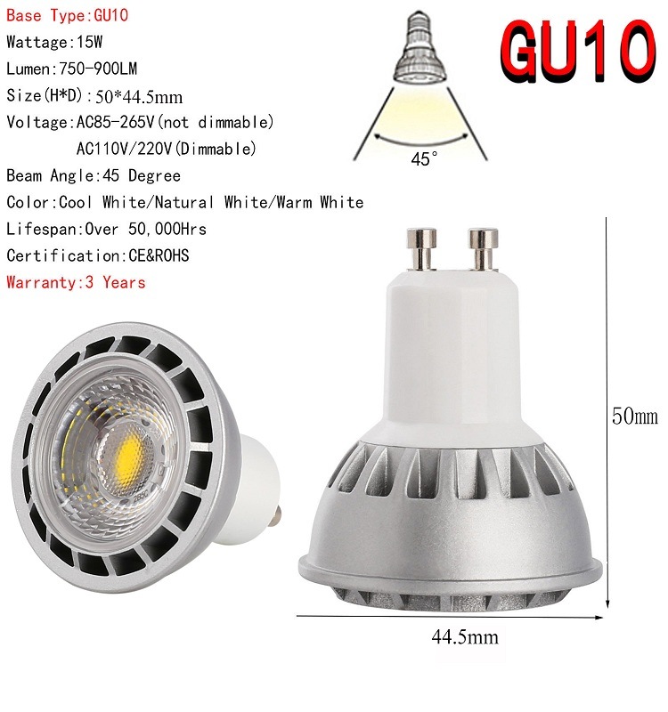 GU10 LED Spot Light Dimmable COB Spotlight AC110V 220V Beam Angle 45 Factory Wholesale Price for Home Lighting
