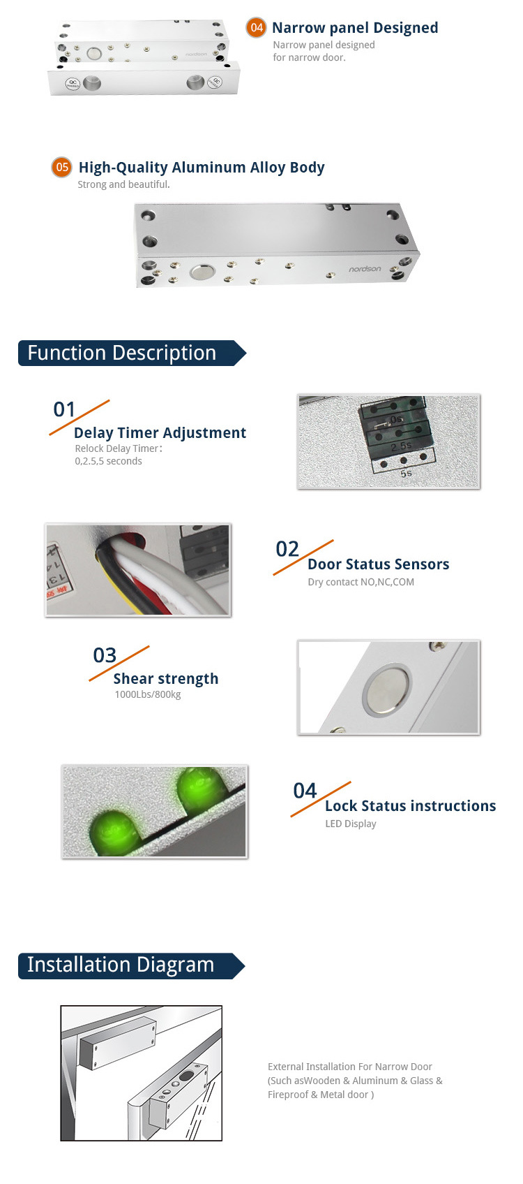 DC12V or 24V High Aluminum Surface Mounted Glass Door Electric Bolt Lock