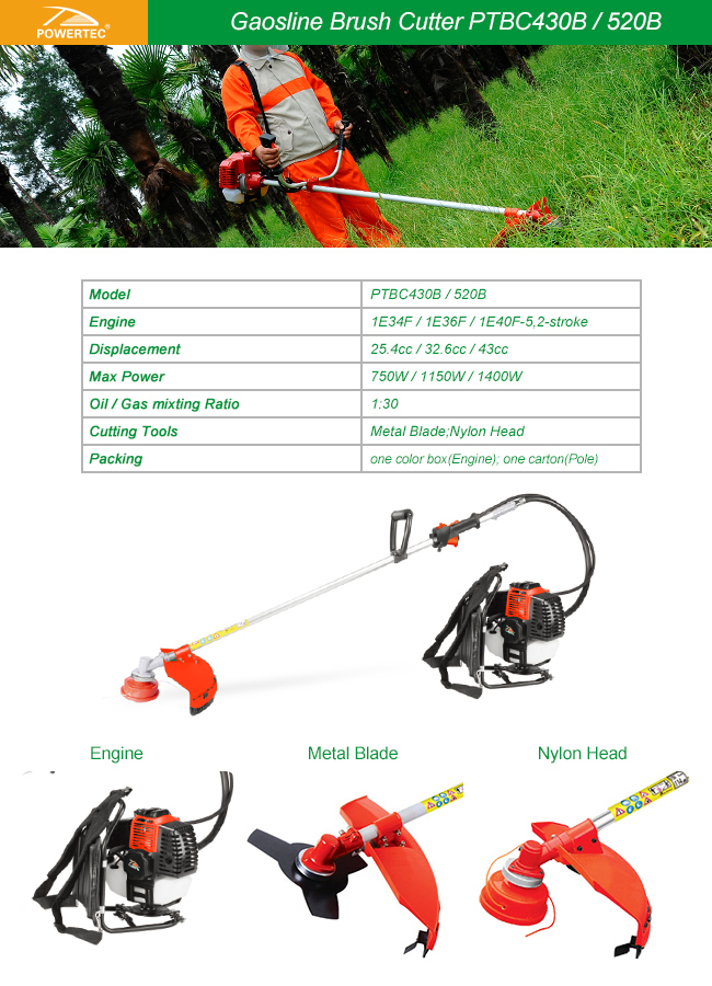 Powertec 43cc Gasoline Grass Trimmer (PTBC430B/520B)