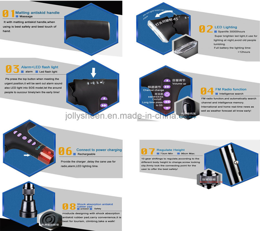 Shenzhen Factory Production and Wholesales Muilt-Function Cane Smart Walking Stick with LED Light Turned Part Folding Pole Compliant for Ce, RoHS, FCC