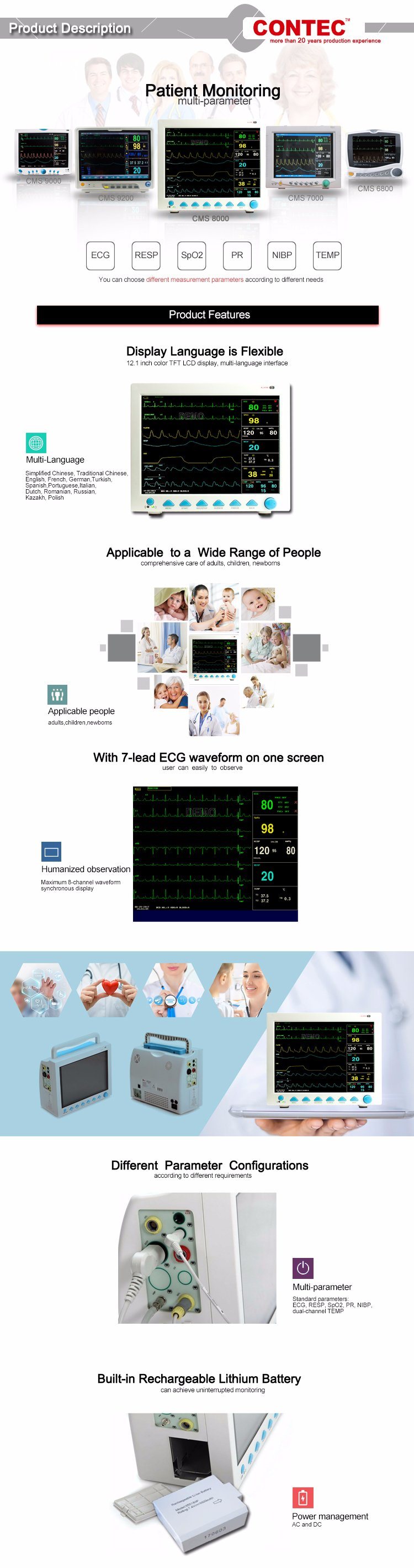Contec Cms8000 Cheap Multi-Parameter Beside Portable Cardiac ECG Patient Monitor FDA
