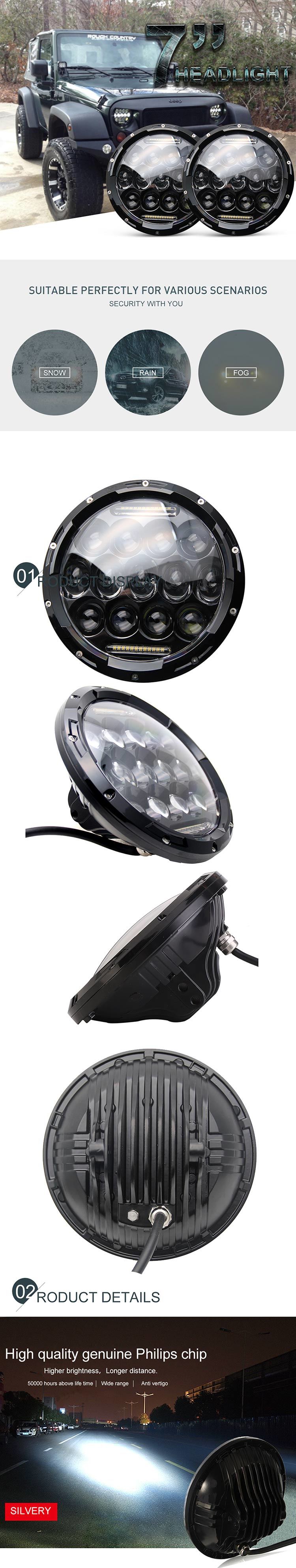 High Power 75W 7inch Round LED Headlight for Offroad