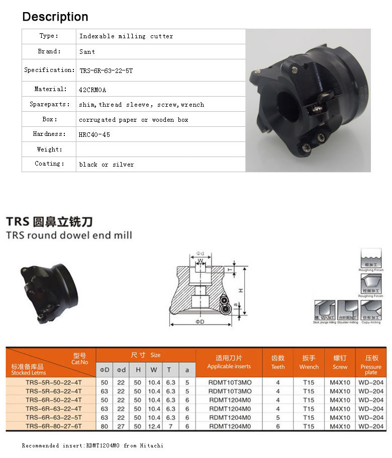 Trs Round Dowel End Mill Trs-6r-63-22-5t with Rdmt0802mo