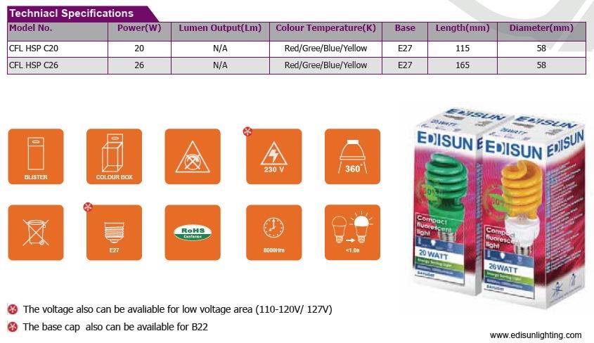 Colorful CFL Lamp T3 Half Spiral 20W 26W E27 Energy Saving Lamps