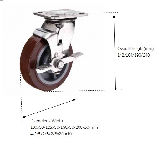 Heavy Duty Stainless Steel Caster with Side Brake for Trolley