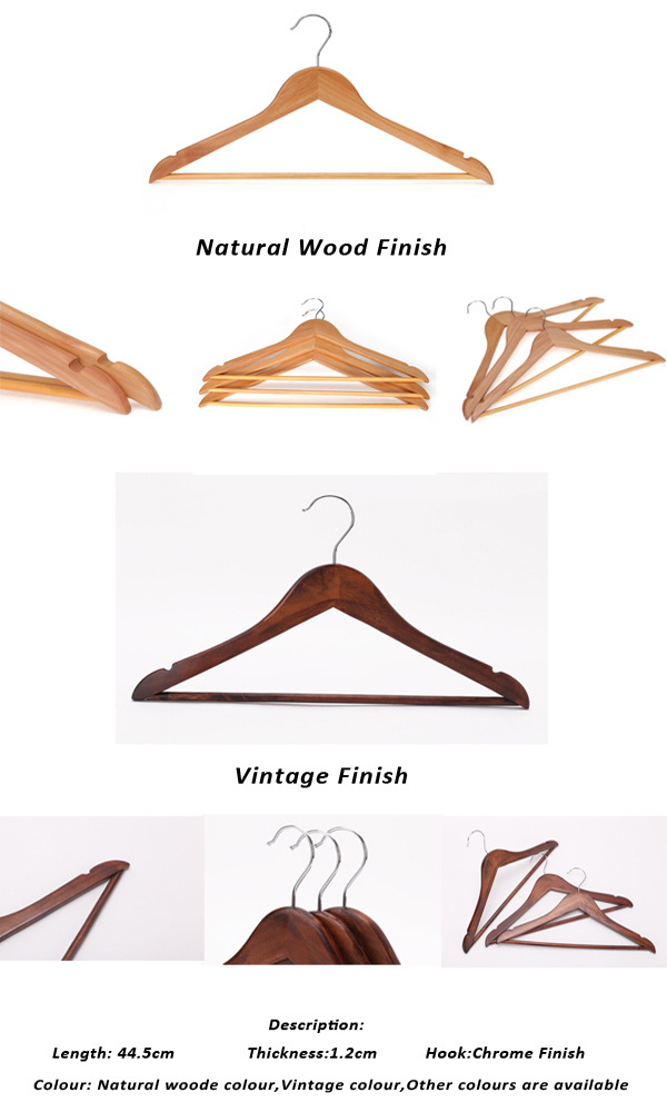 Solid Wooden Suit Hangers Retro Finish with Anti-Rust Hooks and Non-Slip Bar