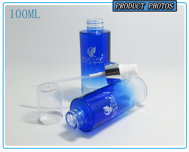 100ml Blue Cosmetic Glass Lotion Pump Bottle with Plastic Cap