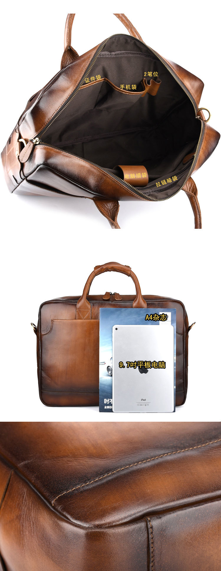 Factory Price Good Quality OEM Design Laptop Bag Vintage Brown Leather Men Briefcase