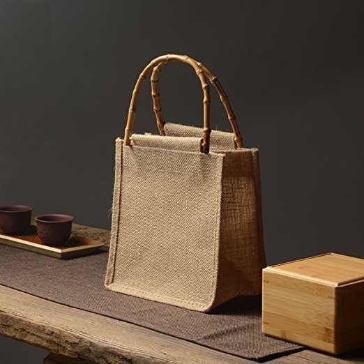 Hand Made Storage Bamboo Handle Linen Jute Bag