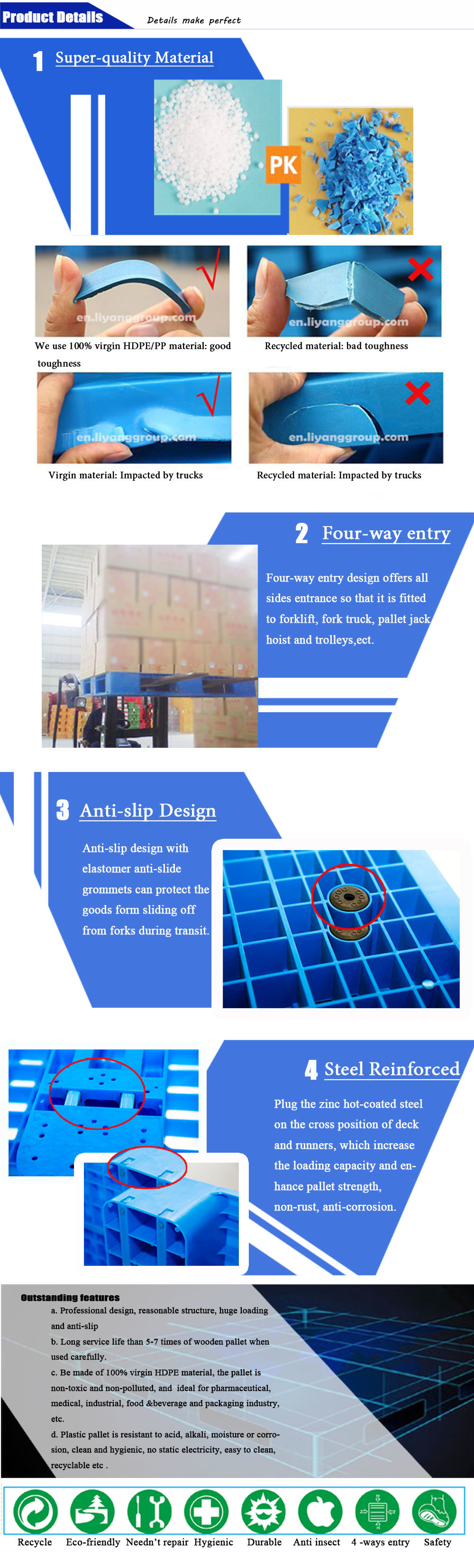 HDPE Edge Racking Use Plastic Pallet with 8 Steels Reinforced