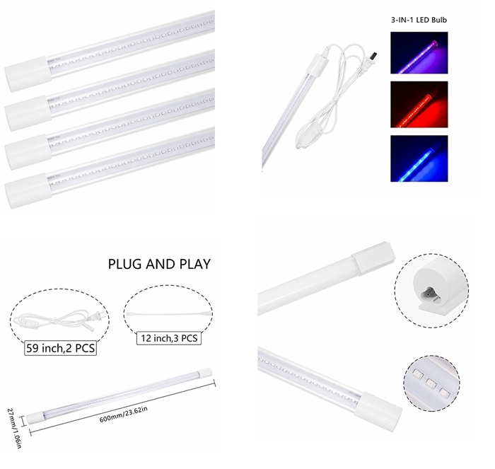 12W Plant Lamp Color Adjustable 3 Modes Red & Blue & Violet LED Grow Light Tube