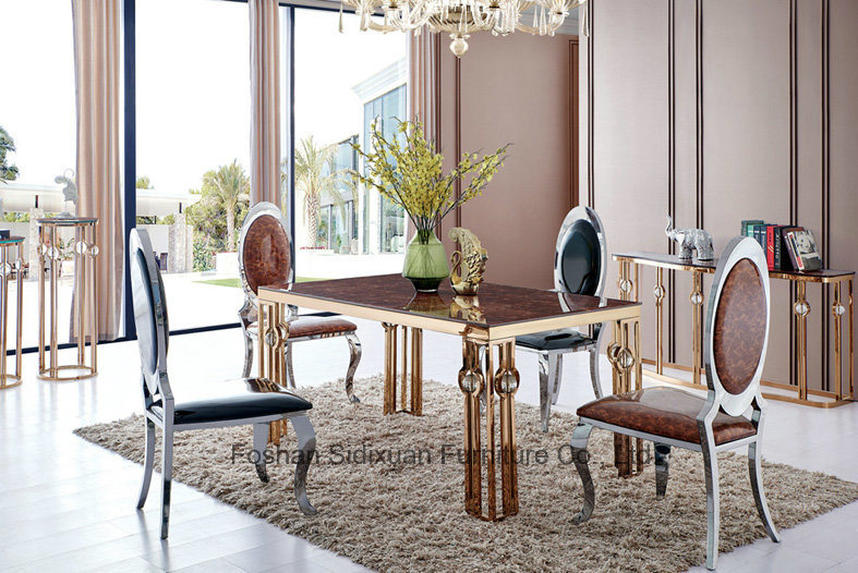 Luxury Golden Stainless Steel Marble Dining Table / Dining Room Furniture