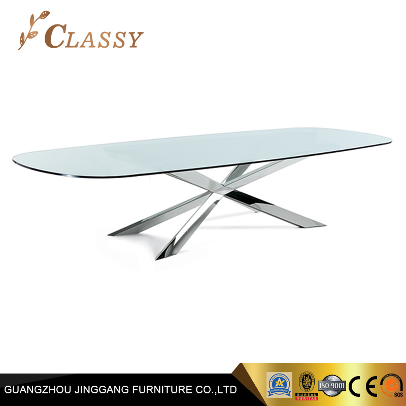 Silver/Black Color Steel Base Tempered Glass Modern Dining Table