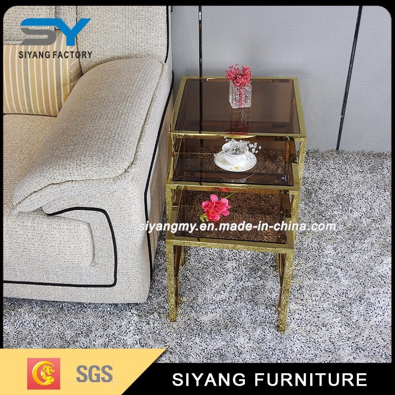 Chinese Tea Table Set Glass Coffee Table Gold Side Table