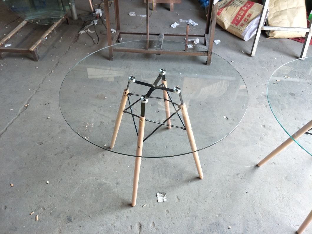 Replica Eames Round 120cm Glass Dining Table - Metal and Beech Wooden Leg