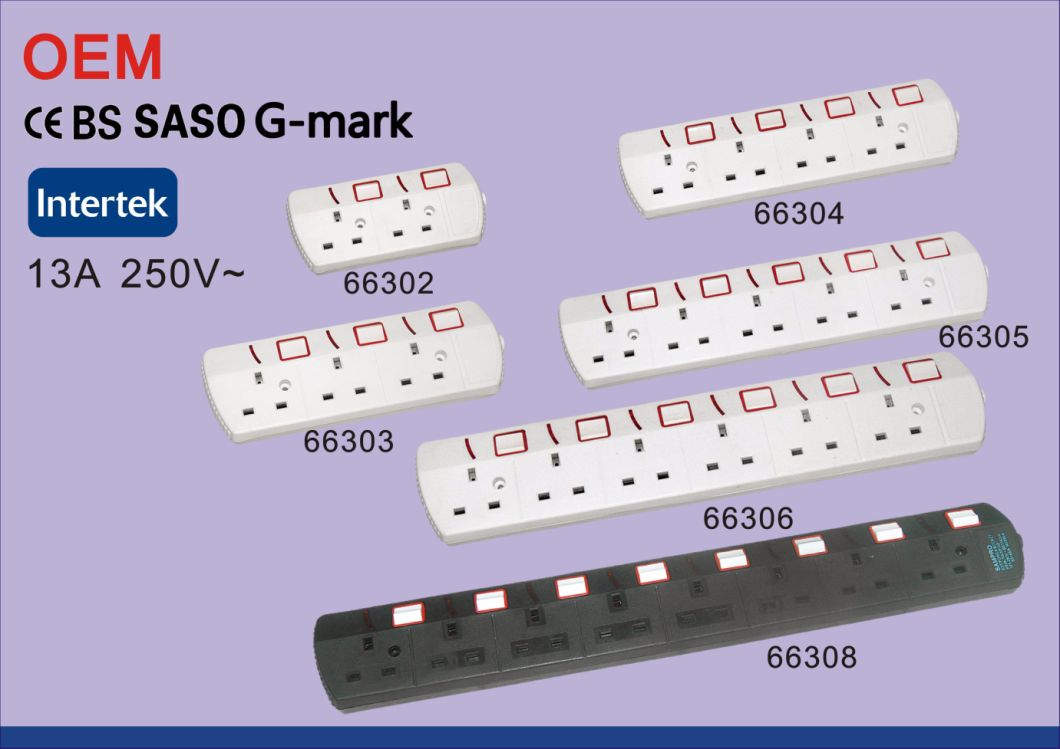 Saso Ce G-Mark Gcc UK 13A 6-Gang Indoor Power Socket with 1m 2m 3m 5m