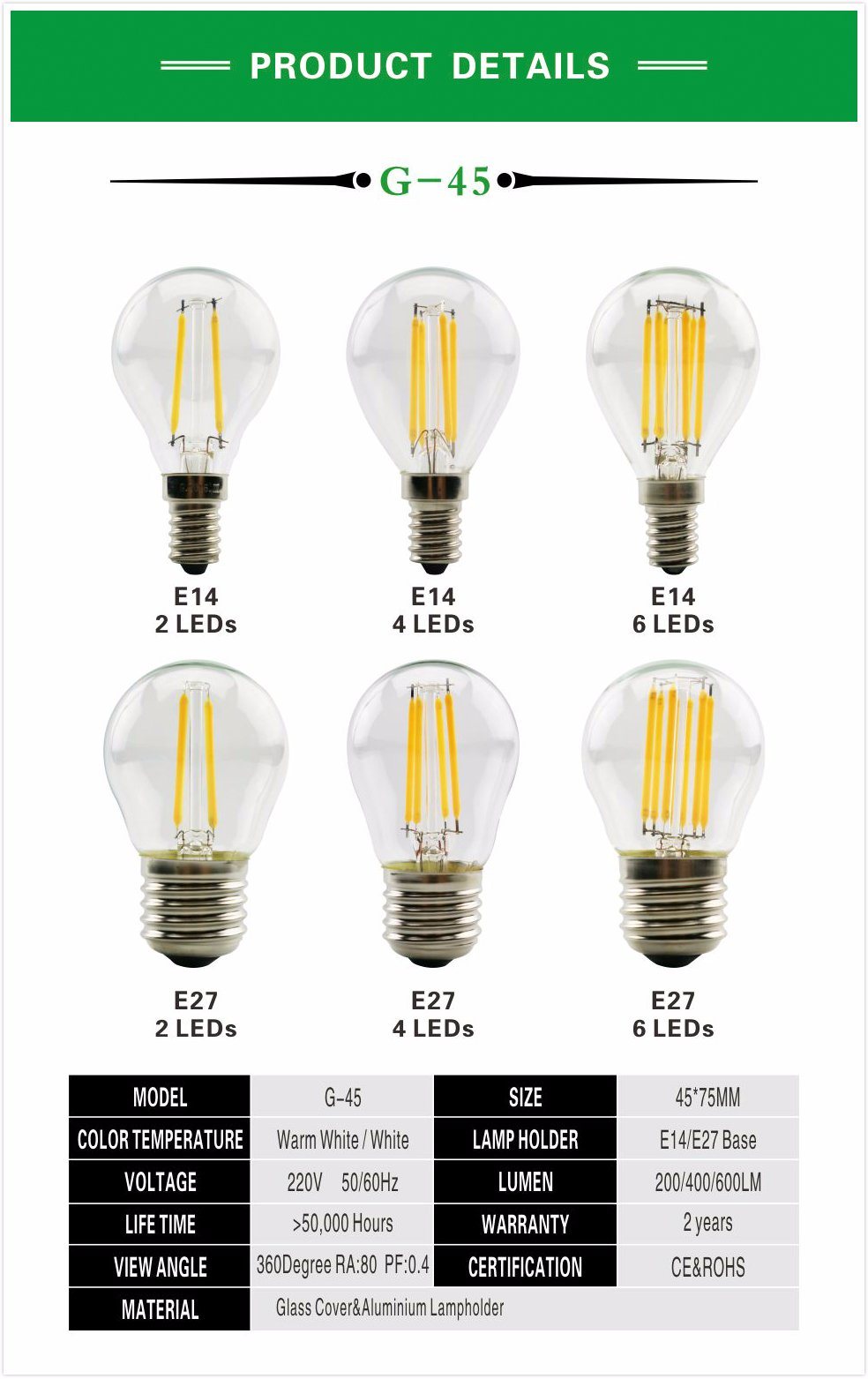 E27 G45 2W Long Filament Bulb Energy Saving LED Light Bulb