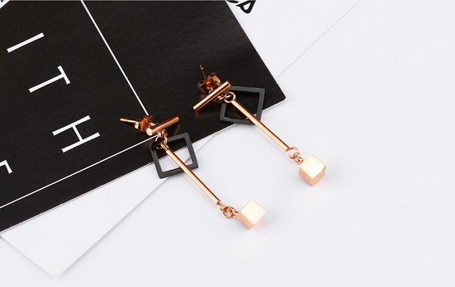 Fashion Brand Tassel Love T Black Square Long Drop Earrings Rose Gold Color Stainless Steel Women Party Christmas Gift