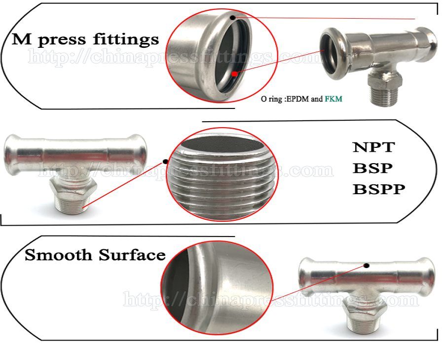 Dvgw Press Fittings Tee Stainless Steel Tee with Male Screw Threaded End