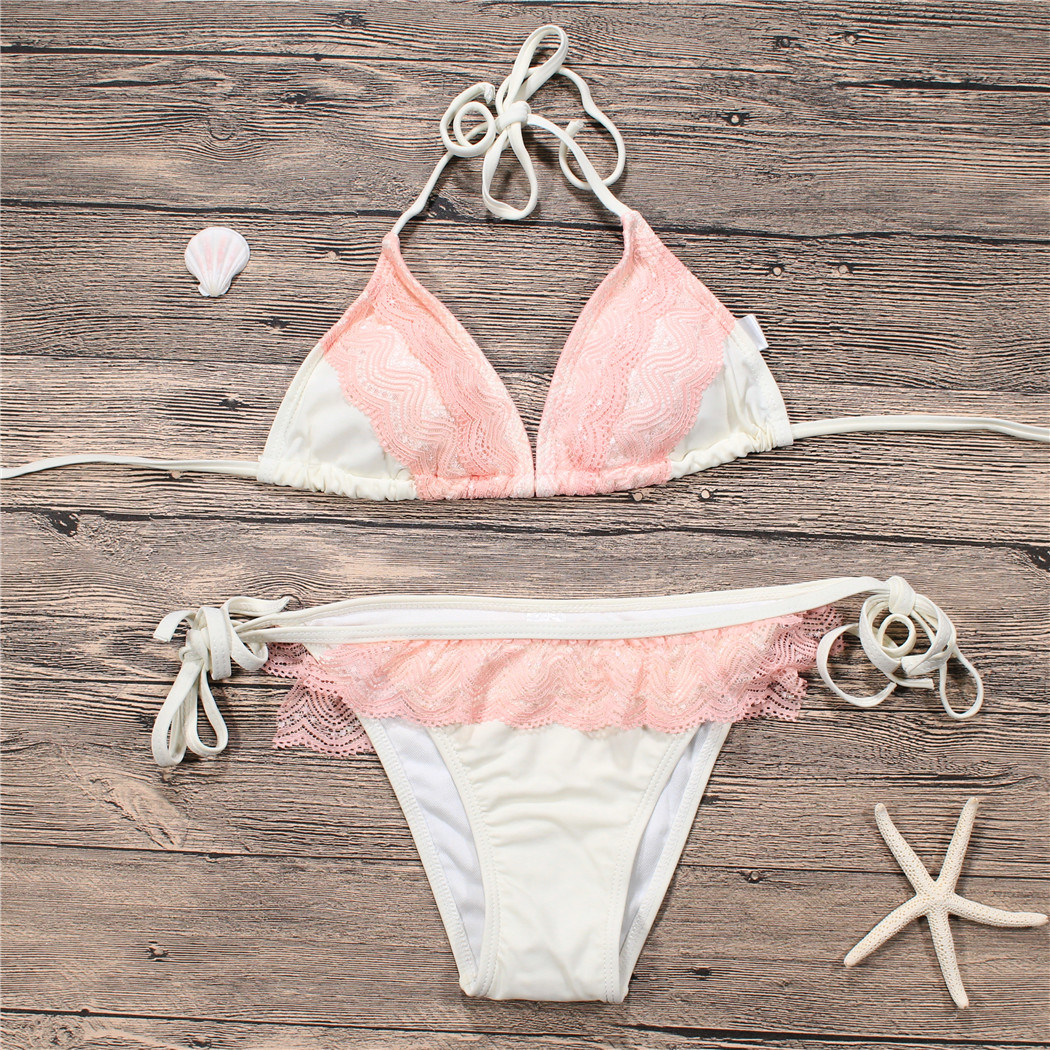 Ladies Sexy Pink Lace Triangle Two Pieces Halter Neck Swimwear Bikini Set