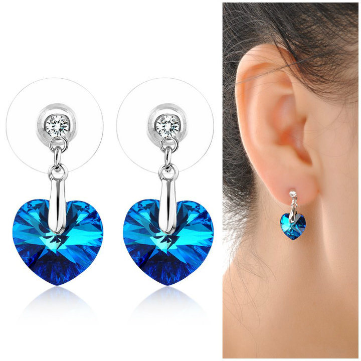 Sapphire Blue Crystal Heart Valentine's Gift Fashion Jewelry Gold Drop Earring