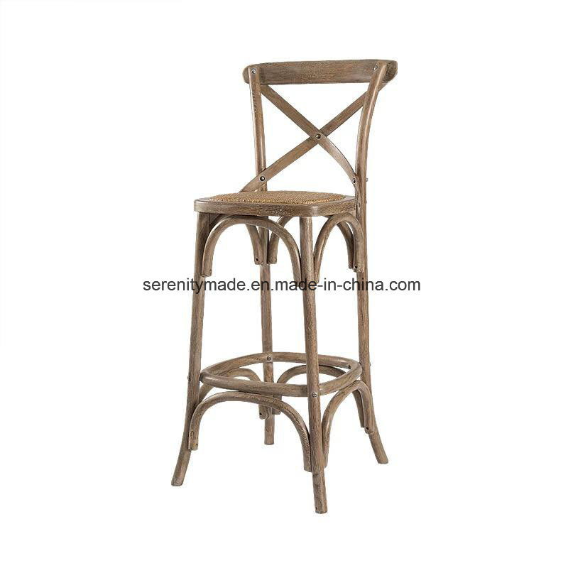 Modern Wooden Farmhouse Cross Back Bar Stool for Kitchen with Rattan Seat