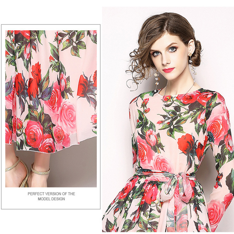 2018 Hot Sale Floral Printing Chiffon Wide Hem Fashion Dress