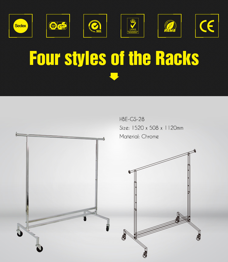 Collapsible Chromed Single Bar Rolling Garment Clothes Rack