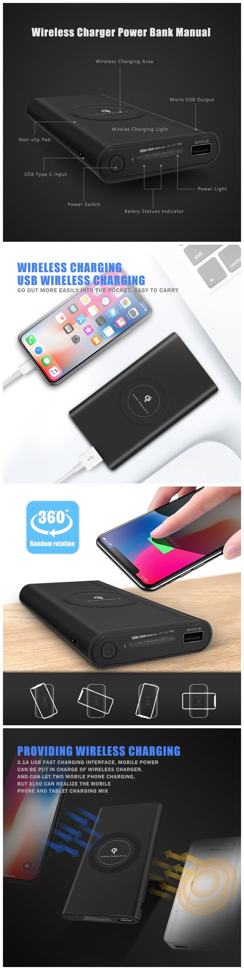 2019 New Factory Supply Qi Power Bank 20000mAh Wireless Mobile Phone Charger for iPhone