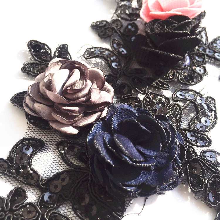 3D Flower Design Black Flower Lace Trim Applique for Ladies Clothes