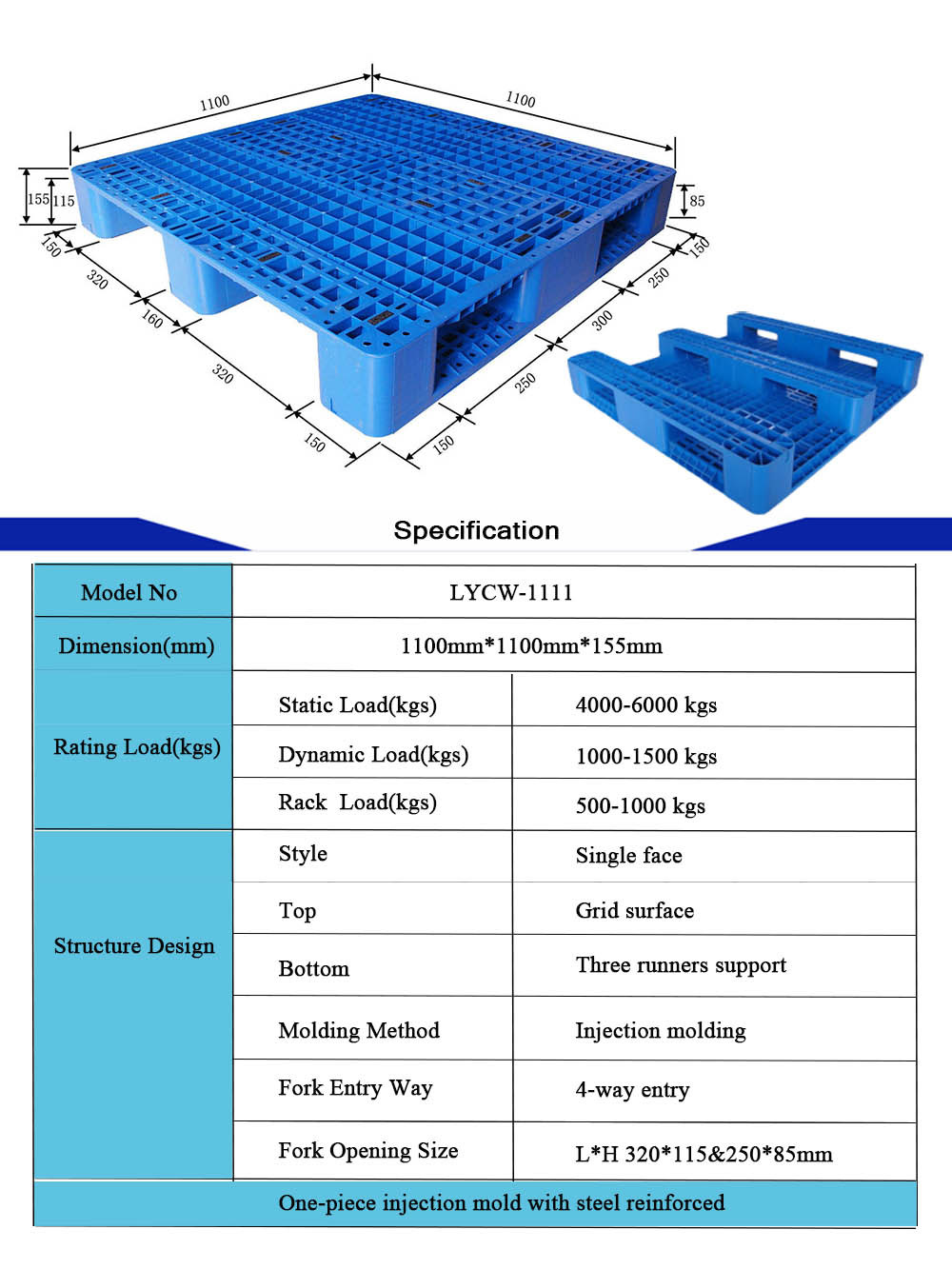 HDPE Edge Racking Use Plastic Pallet with 8 Steels Reinforced