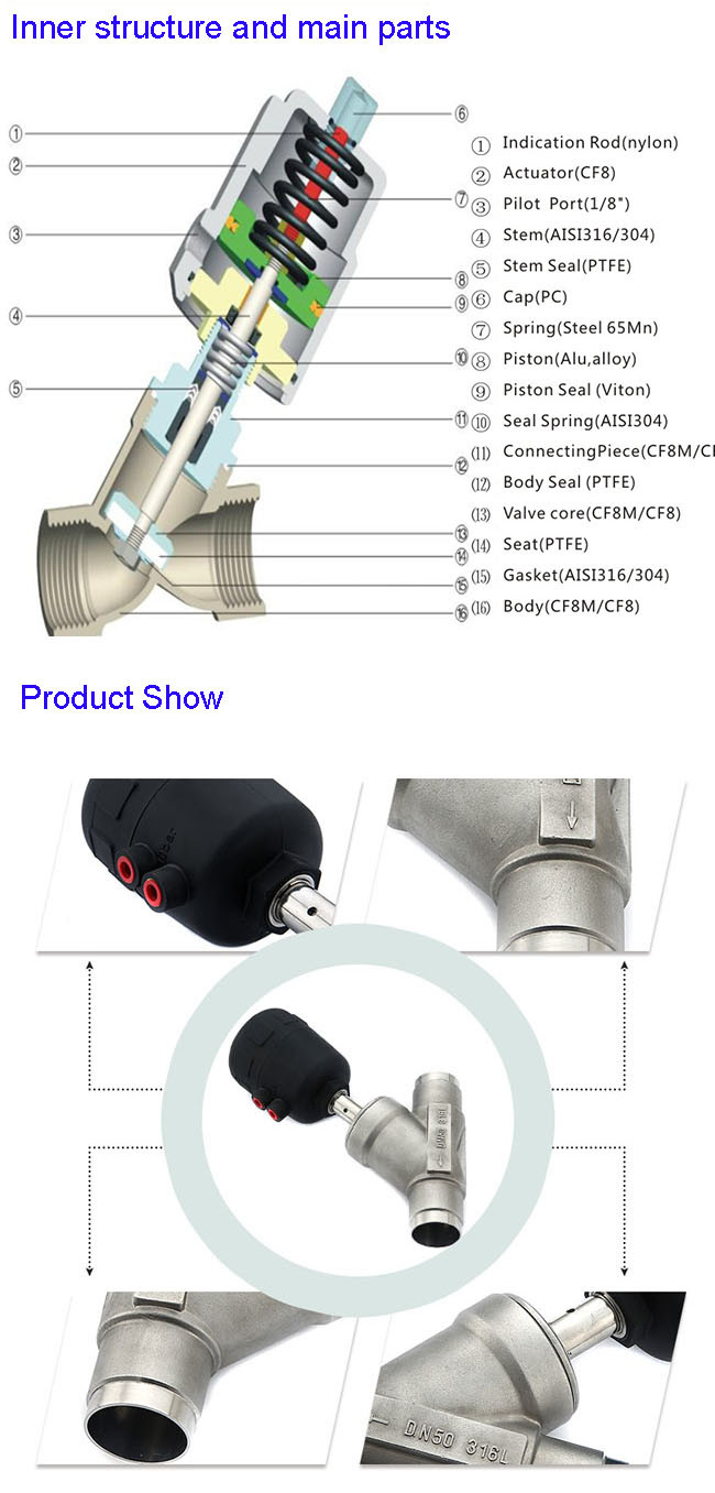 Dn50 Double Action Stainless Steel 316L Clamp Pneumatic Angle Seat Valve