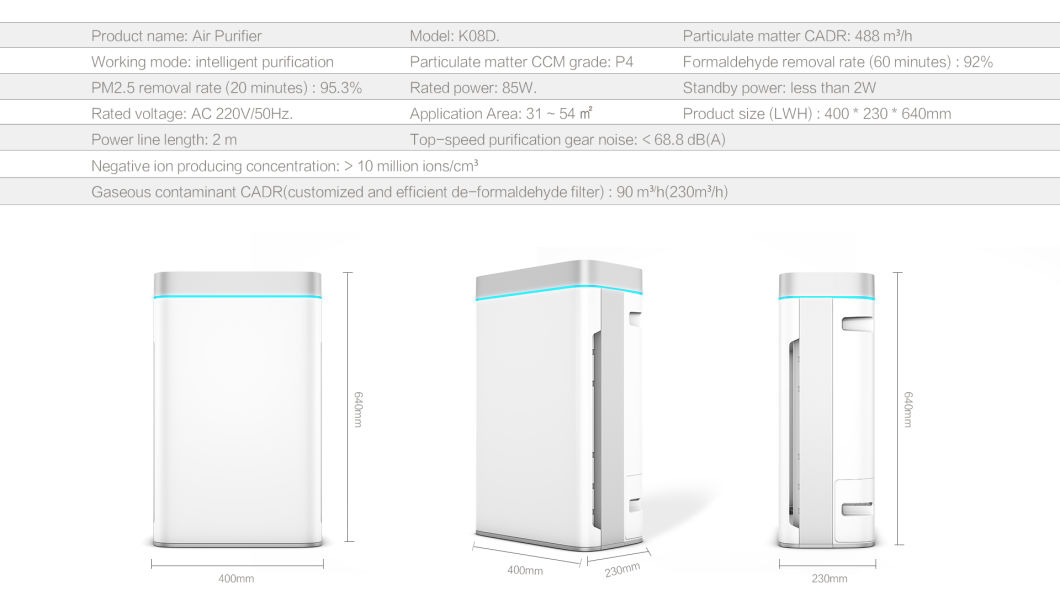 Portable Smart Design Manufacturer Home Air Ionizer Freshener HEPA Filter Remove Formaldehyde Microbes