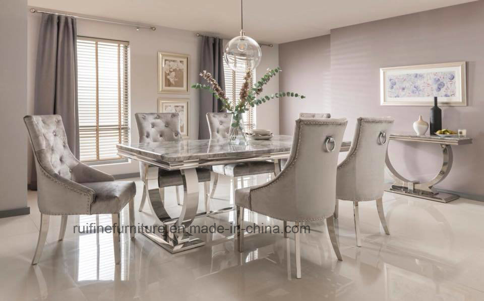 Modern Solid Ari Grey Marble Arianna Dining Table and Grey Silver Velvet Crushed Fabric Chair with Stainless Steel Legs