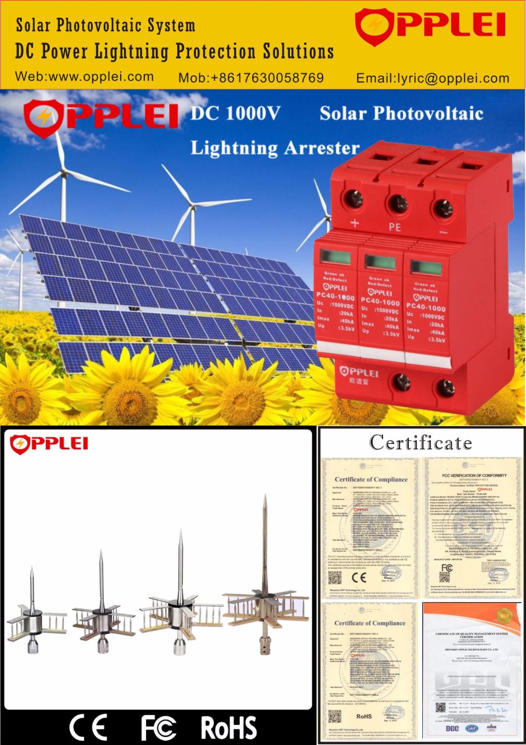 Solar Photovoltaic System Lightning Protection 3p DC Surge Arrester