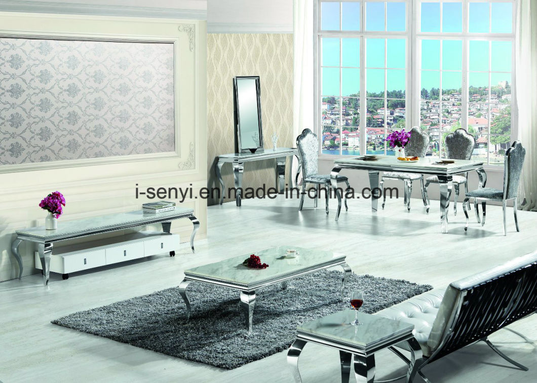 Living Room Furniture Alternative White Marble & Imitated Wood Top Stainless Steel Coffee Table