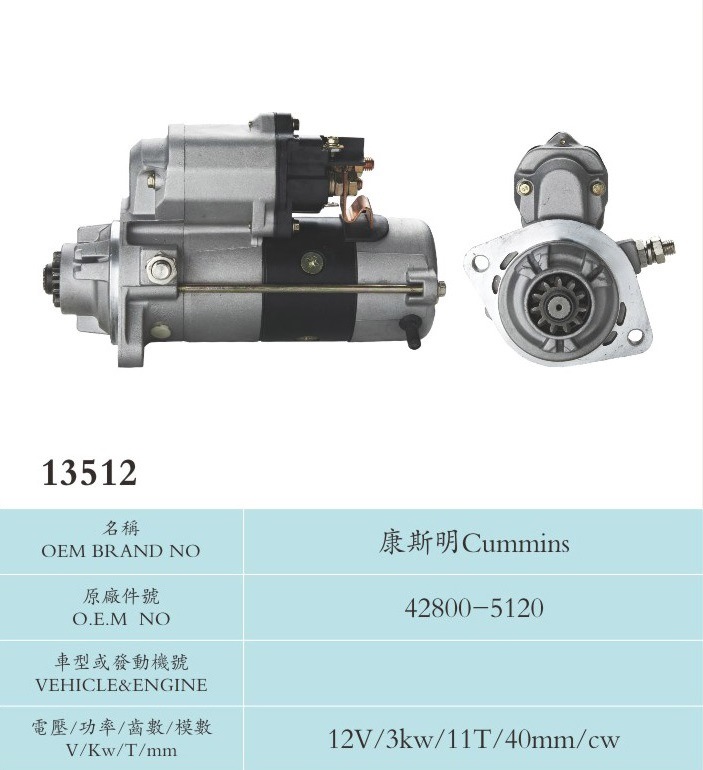 12V 3kw 11t Starter Motor for 42800-5120