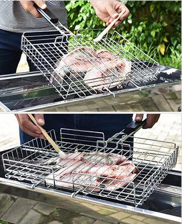 Chrome Coated Fish Grill Cage with Long Wooden Handle
