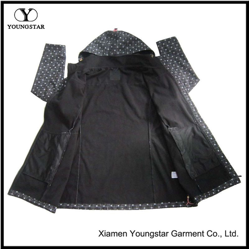 Ys-1067 Printed Black Microfleece Waterproof Breathable Womens Hooded Softshell Jacket